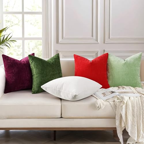 decorUhome Chenille Moss Green Fall Throw Pillow Covers 18x18 Inch Set of 2, Decorative Soft Couch Pillow Covers Solid Dyed Accent Velvet Farmhouse Neutral Square Christmas Pillow Cases for Sofa