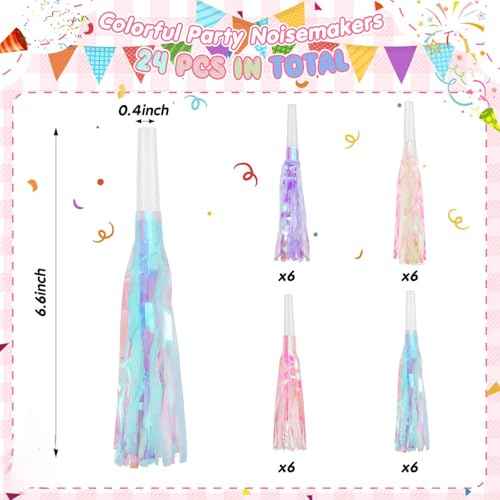 24 Pcs Party Blowers Noise Makers Mermaid Unicorn Pink Purple Pastel Party Horns Favor Glitter Metallic Fringed Blowers Favors for Kids Girl Adults Birthday Christmas New Years Eve Supplies