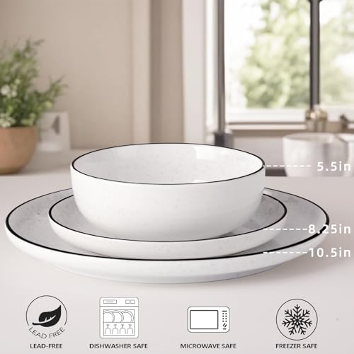 12-Piece Ceramic Dinnerware Set with Plates & Bowls - White, Black Rim, Microwave & Dishwasher Safe