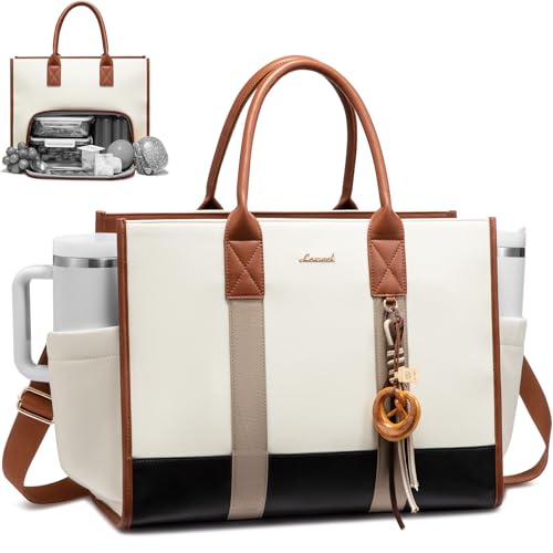 LOVEVOOK 15.6 Inch Waterproof 3-in-1 Work Tote Bag with Lunch Compartment & Giant Tumbler Holder, White Flower Variant