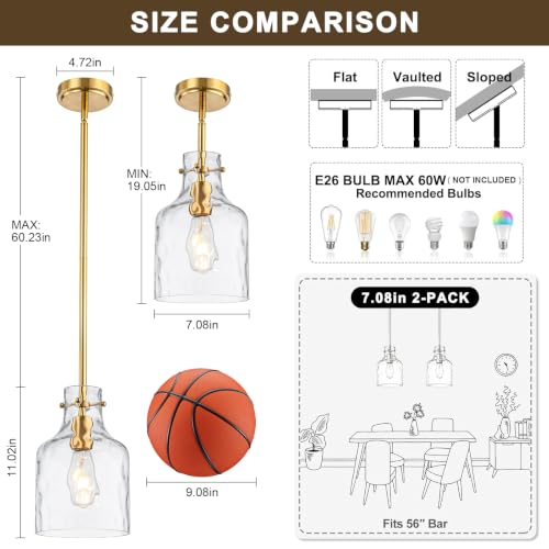 Pendant Light Fixture with Hammered Glass Shade - Gold Finish, 7 Inch, Adjustable Hanging for Kitchen Island & Dining - Variation of Gold Hammered Glass / 1-Light