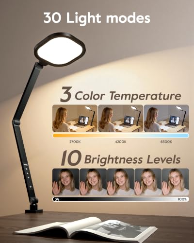 LED Desk Lamp with Clamp - 2000 Lumens, 30 Lighting Modes, Metal Arm, Black