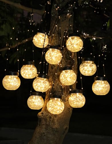 PARTPHONER 12-Pack Solar Lights Outdoor Hanging Lanterns with Cracked Glass | Warm White