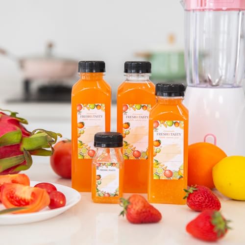 4 oz Plastic Juice Bottles Set - 100 Pack with Caps, Labels & Brush - Variation of 4.0 Ounces / 100