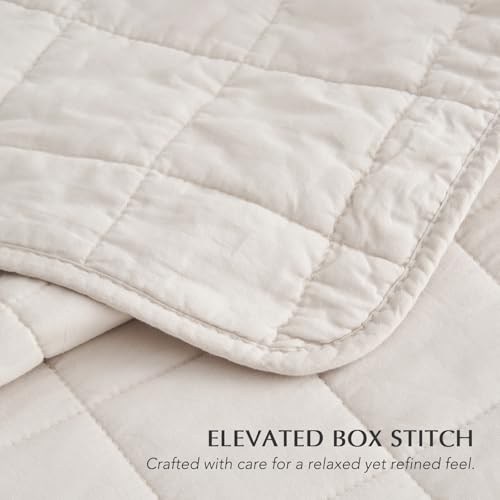 Queen Size Cotton Quilt Set with Box Stitch Design - Birch, 100% Cotton, Soft & Breathable