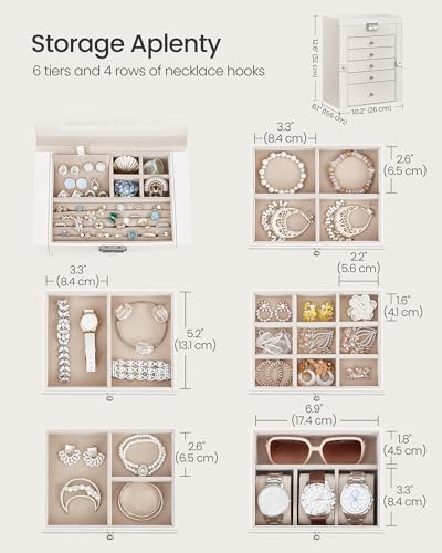 6 Tier Jewelry Box Organizer with Mirror & Lock - White