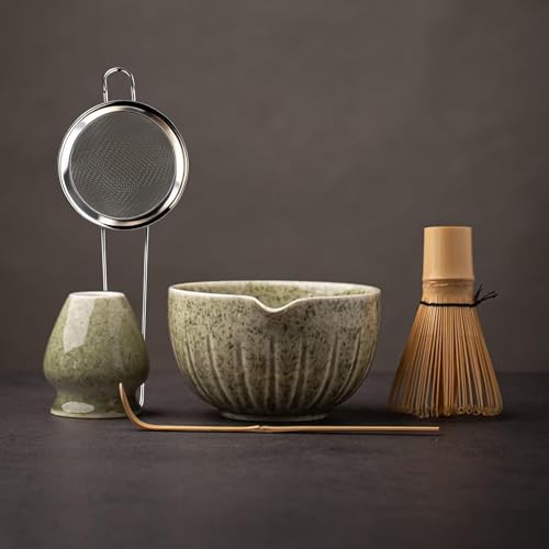 Mottled Green TANG PIN Matcha Set - 15oz Porcelain Bowl & Bamboo Whisk