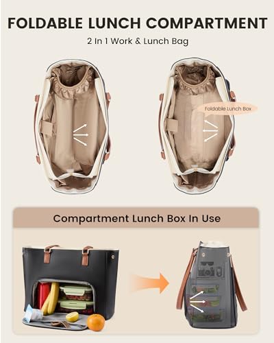 3-in-1 Work Tote Bag with Lunch Compartment for Women - Black, 15.6 Inch