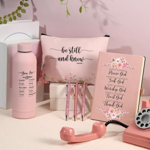 Pink Christian Gift Set with Water Bottle, Makeup Bag, Pens & Notebook - Religious Easter & Mother's Day Gift