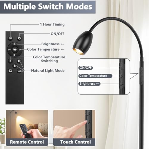 AUZONIMICS Matte Black 72-Inch LED Dimmable Floor Lamp with Gooseneck