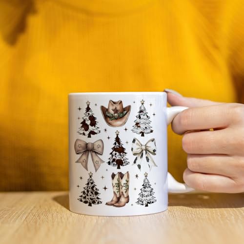 JINYO Coquette Christmas Western Mug - Cow Print Bow Christmas Tree Coffee Cup, Cowboy Hat 11 oz (Christmas Coffee Mug-j)