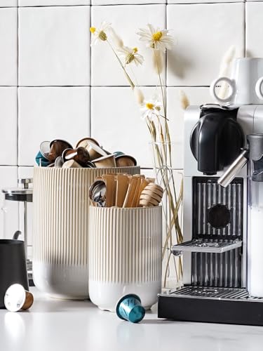 Ceramic Kitchen Utensil Holder Set - 7.3 & 5.4 Inch Warm White Reactive Glaze