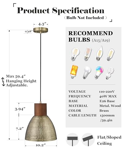 Medium Brass 2-Pack Hammered Pendant Light Fixtures - Vintage Metal & Solid Wood