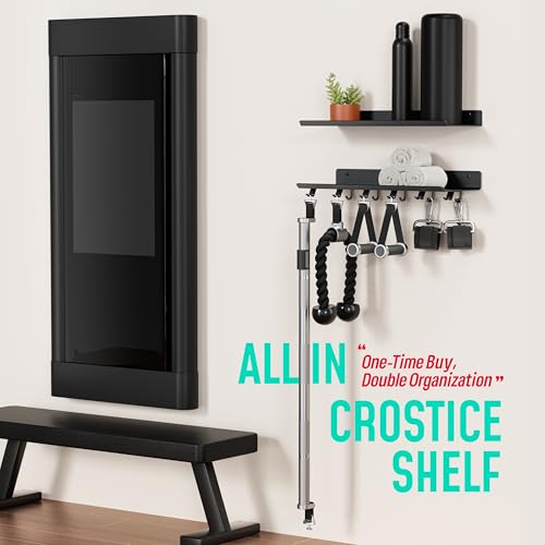 2-Tier Floating Wall Shelf for Gym Accessories with Hooks - Black