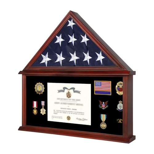 Military Flag Display Case - Pentagon Mahogany for 5' x 9.5' Flag - Wall & Table Mount