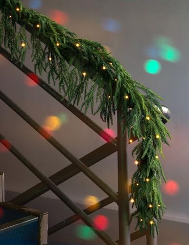 JOJOLEE 6ft Pre-Lit Norfolk Pine Garland with Timer - Real Touch Green Norfolk Garland, 1 Pack