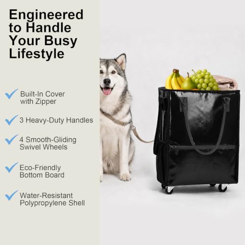 Black 18-Gallon Rolling Grocery Tote Bag with 4 Wheels & Handles