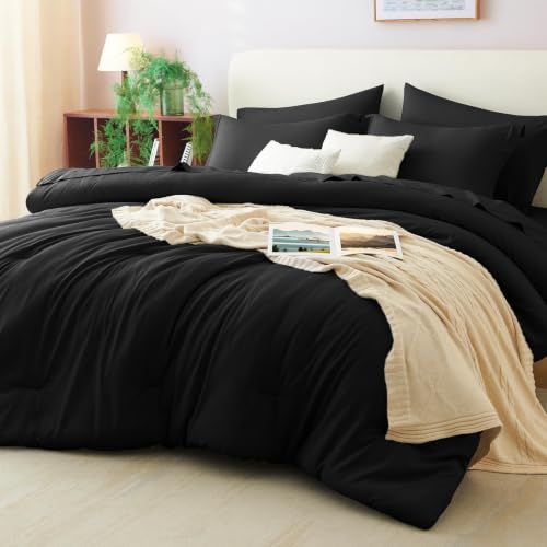 CozyLux Queen Comforter Set Black 7-Piece Bed in a Bag - All Season Microfiber Bedding