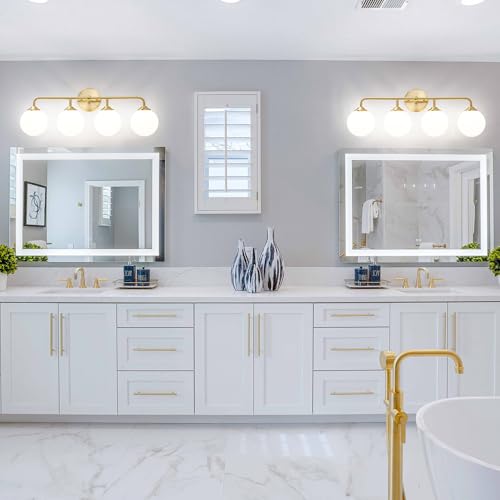 Gold 4-Light Bathroom Vanity Light Fixture with Milky White Glass Shades - Reversible Mounting