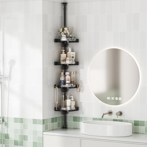 4-Tier Rotating Shower Caddy - Black, Adjustable Rustproof Tension Pole Bathroom Organizer