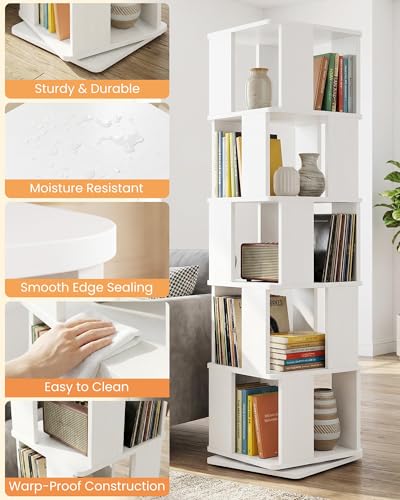White 5-Tier Rotating Bookshelf Tower, 360° Spinning Book Shelf