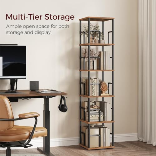 MAHANCRIS 5-Tier Rotating Corner Bookshelf - Rustic Brown & Black, Spinning Storage Rack