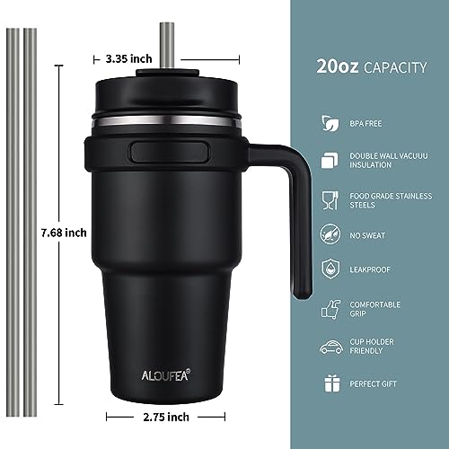 Black 20 oz Insulated Travel Coffee Mug Tumbler with Handle & Straw - 2 Pack