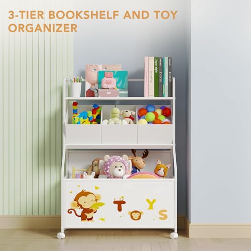 BBLIKE White 3-in-1 Kids Toy Storage Organizer with Wheels, Large Toy Chest & Shelves