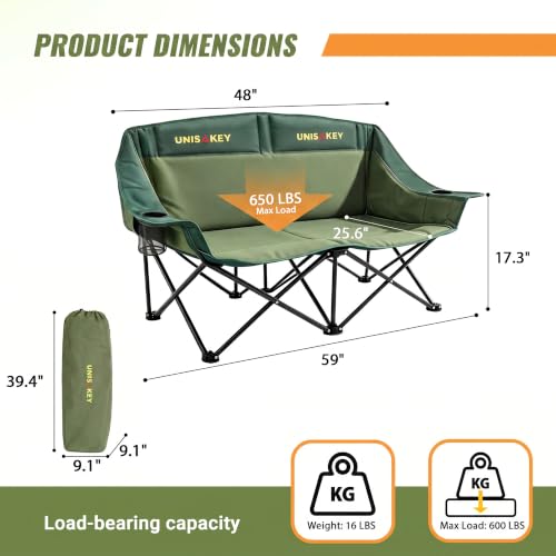 Unisakey Double Camping Chair - Oversized Loveseat Green 650LBS Capacity