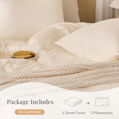 Cream Queen Size Duvet Cover - 100% Sandwashed Cotton, Oeko-Tex Certified, Button & Zipper Closure, Linen-Like Texture, RENEWROOTS