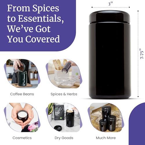 Airtight Smell-Proof Coffee Canister Set - 3 Pack, 1L, Black, Durable UV Glass