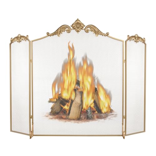 BEAMNOVA Gold Fireplace Screen 50x32 in Baroque Decorative Metal Mesh