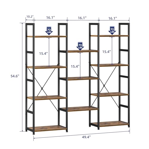 Vintage 4-Tier Bookshelf with 11 Adjustable Shelves - Triple Column Storage