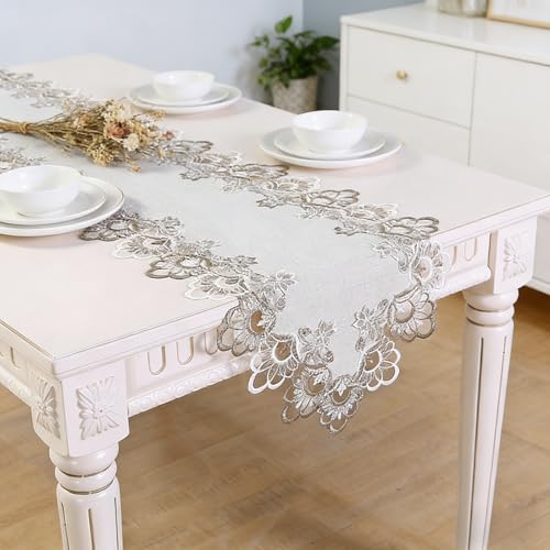 Traditional Lace Table Runner with Floral Trim - Ivory, 70.87x15.75 inches, Polyester Blend