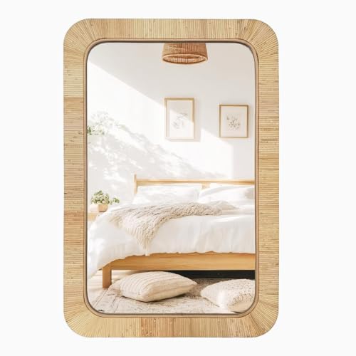 Inoseen Rattan Rectangular Wall Mirror 24x36 Boho Bathroom & Bedroom Decor