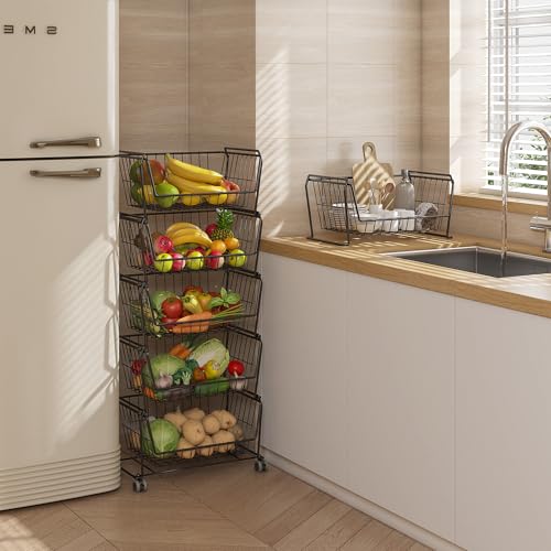 Matte Black 6-Tier Tall Stackable Wire Storage Baskets with Wheels - Vertical Utility Cart