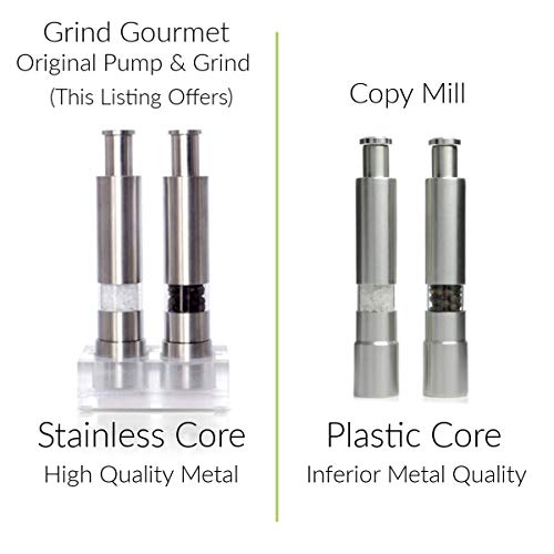 Grind Gourmet 316 Stainless Steel Salt & Pepper Grinder Set Refillable Modern Pump & Grind