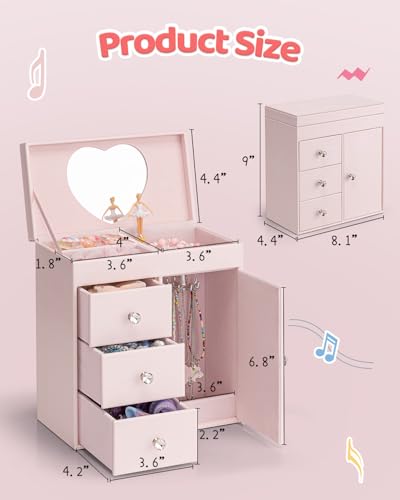 VLANDO Light Pink 4-Layer Musical Jewelry Box with 3 Drawers & Necklace Hook
