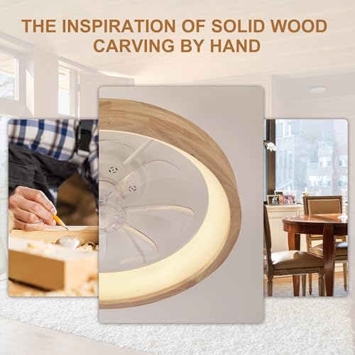 Modern 20-Inch Wooden Flush Mount Ceiling Fan with Lights & Remote - Wood-SM-FSD