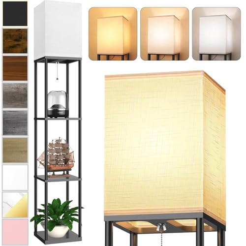 Black Floor Lamp with Shelves for Living Room and Bedroom, 3 CCT LED Bulb, Corner Organizer Tower