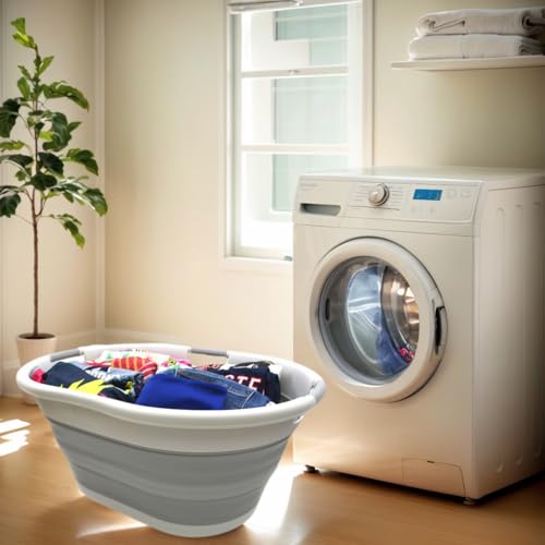 57L Collapsible Plastic Laundry Basket with Handles - Grey, Space Saving