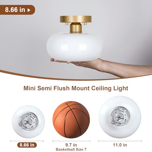 Mid-Century Modern Gold Semi Flush Ceiling Light - 8.66 Inch - White Frosted Glass