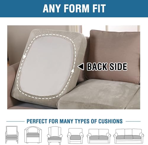 Velvet Couch Cushion Cover 3-Piece Set - Oatmeal Stretch Sofa Slipcover