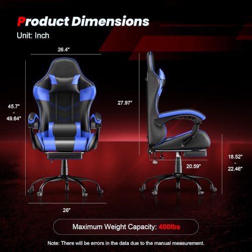 Blue Gaming Chair with Footrest, Ergonomic Video Game Chair for Adults