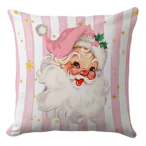 Vintage Santa Claus Christmas Pillow Cover 18x18 Inch, Pink Striped Retro Holiday Cushion for Winter Home Decor, Festive Throw Pillow for Living Room, Bedroom, Sofa Decoration(Pink)