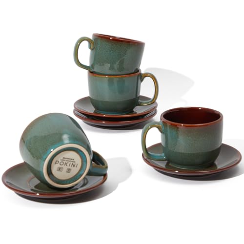 Sage Green Stoneware Coffee Cups with Saucers Set of 4 – Modern Espresso Mug Set
