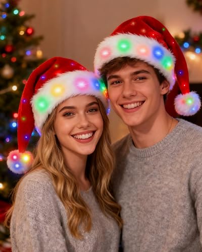 LED Light Up Christmas Santa Hat for Adults & Kids Holiday Party Headwear