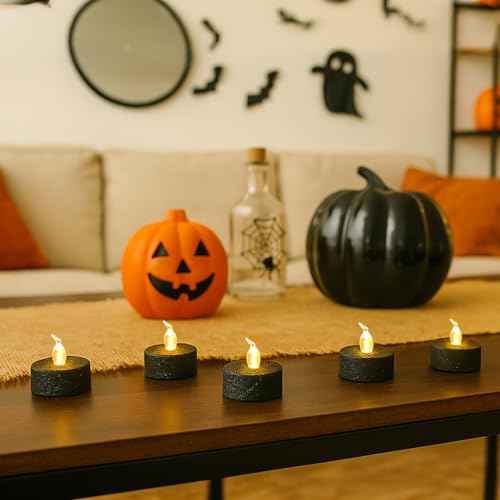 12PCS Black Tea Lights with Timer,Glitter Sparkly Tealights Candles Battery Operated for Holiday,Event,Halloween Decorations
