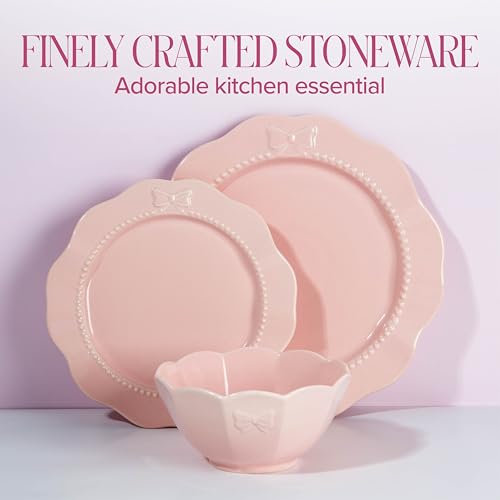 Paris Hilton Pink Embossed Bow 12-Piece Dinnerware Set for 4 – Ceramic Stoneware, Microwave & Dishwasher Safe