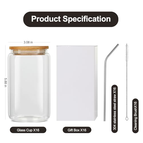 ASKIZ Clear 16Pcs Glass Cups with Bamboo Lids & Straws - 16Oz Ice Coffee & Drinkware Set